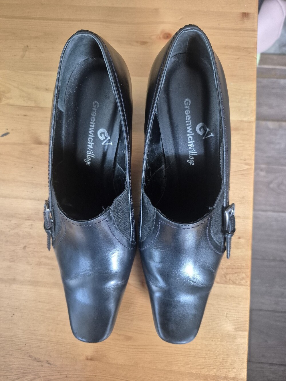 Greenwich Village Black Leather Mary Jane Heels with Buckle